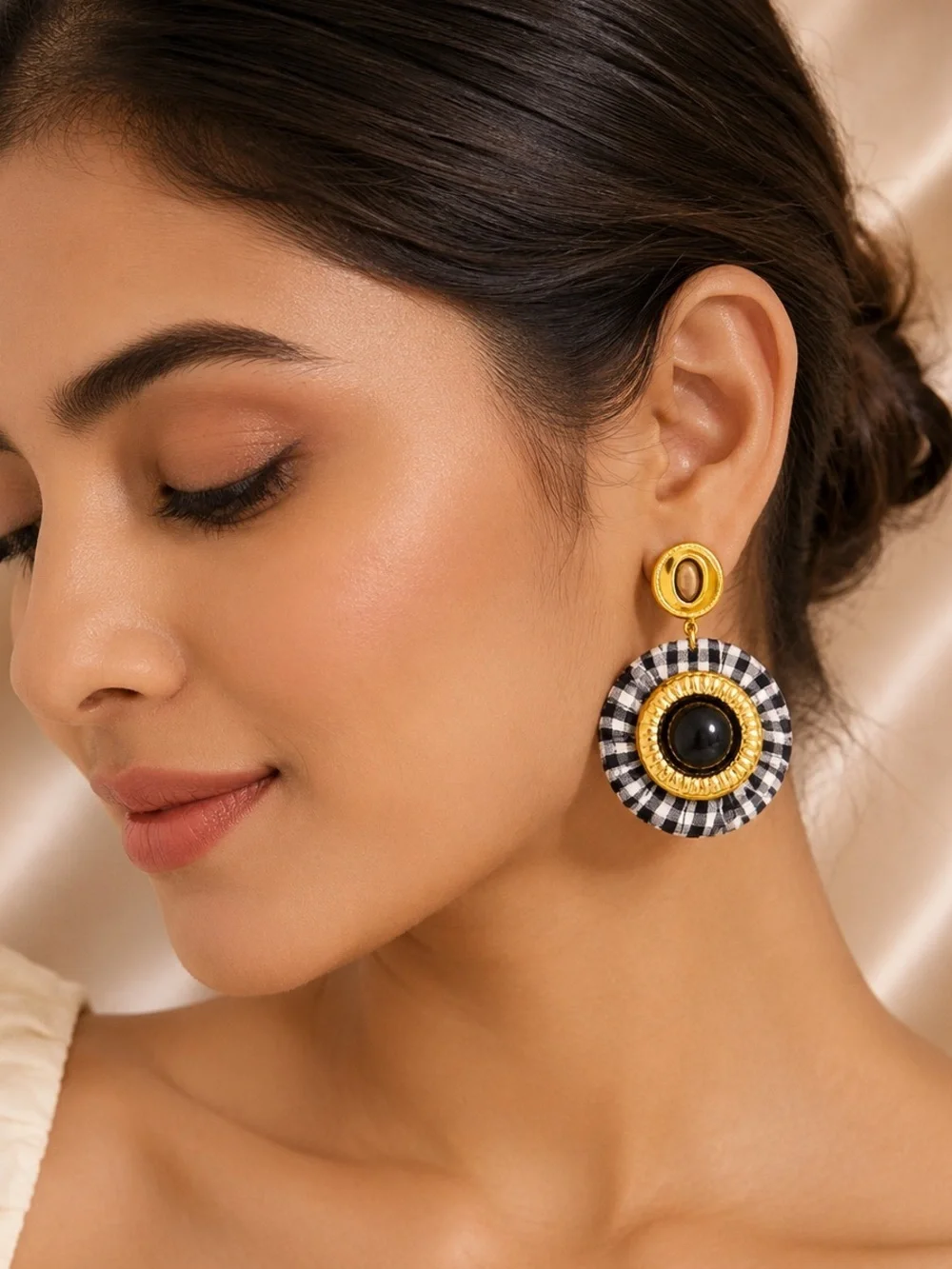 Parisian Chic Gingham Black Gold Earrings